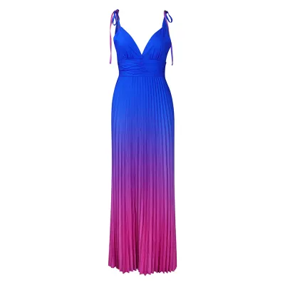 Summer Women Fashion Sexy Deep V Backless Strap Gradient Maxi Dress