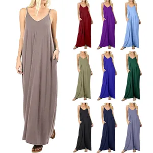 Women Casual Sling Maxi Dress Solid Color Loose Waist Pocket