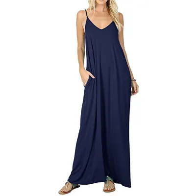 Women Casual Sling Maxi Dress Solid Color Loose Waist Pocket