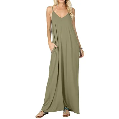 Women Casual Sling Maxi Dress Solid Color Loose Waist Pocket