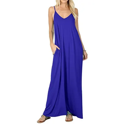 Women Casual Sling Maxi Dress Solid Color Loose Waist Pocket
