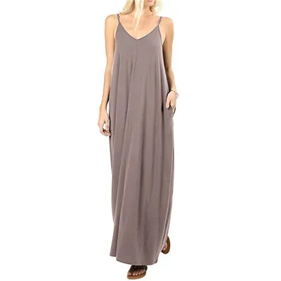 Women Casual Sling Maxi Dress Solid Color Loose Waist Pocket