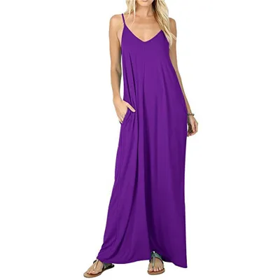 Women Casual Sling Maxi Dress Solid Color Loose Waist Pocket
