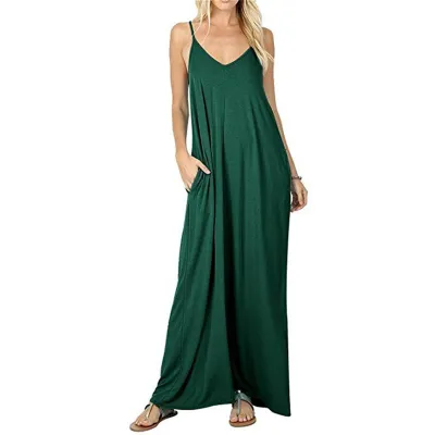Women Casual Sling Maxi Dress Solid Color Loose Waist Pocket