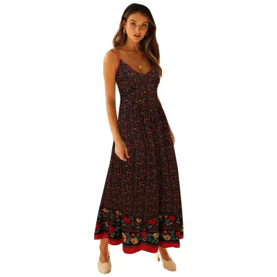 Summer Women Bohemian Tiny Flower Print Sling Maxi Dress