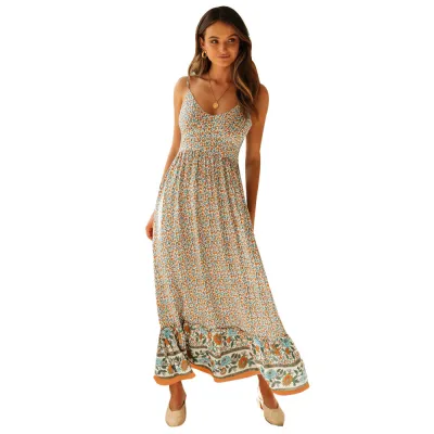 Summer Women Bohemian Tiny Flower Print Sling Maxi Dress