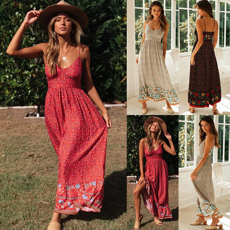 Summer Women Bohemian Tiny Flower Print Sling Maxi Dress