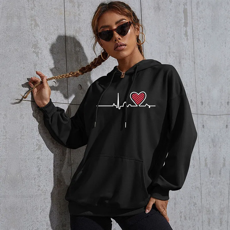 Women Casual Heart Print Loose Hoodie Pullover
