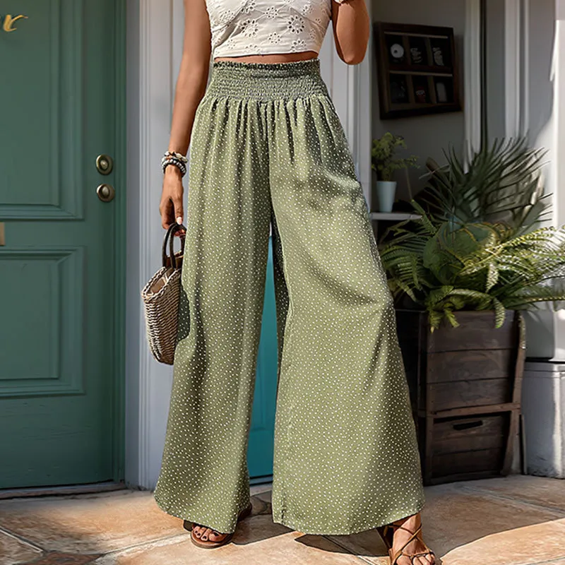 Women Casual Polo-Dot Printed Loose Wide-Leg Pants