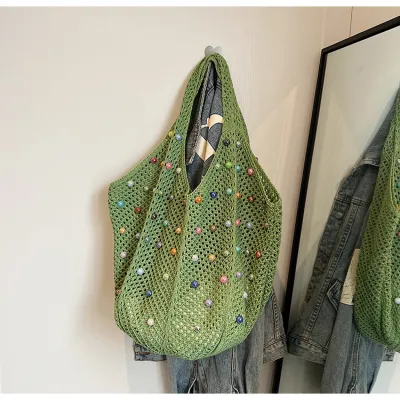 Women Fashion Casual Pearl Hollow Woven Cotton Tote Shoulder Bag