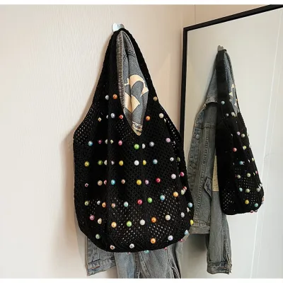 Women Fashion Casual Pearl Hollow Woven Cotton Tote Shoulder Bag