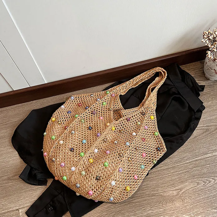 Women Fashion Casual Pearl Hollow Woven Cotton Tote Shoulder Bag