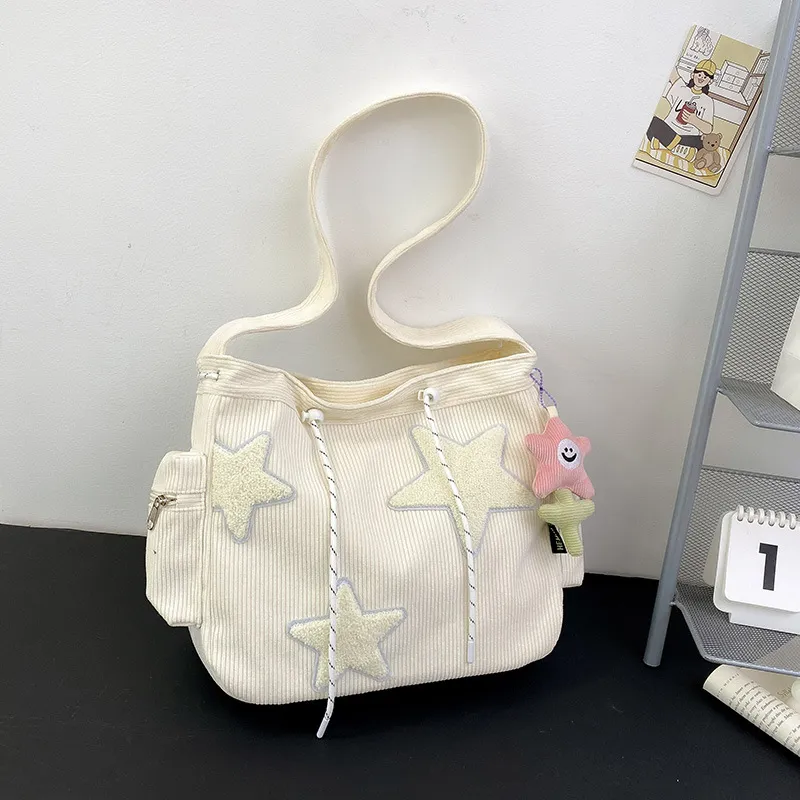Women Fashion Cartoon Corduroy Star Shoulder Tote Bag