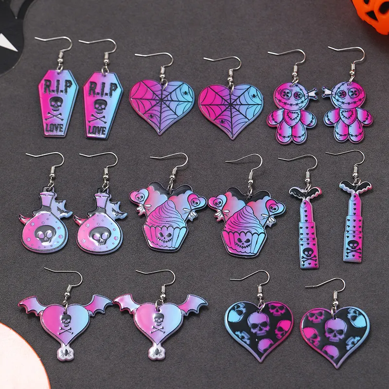 Halloween Women Funny Skull Bat Acrylic Earrings