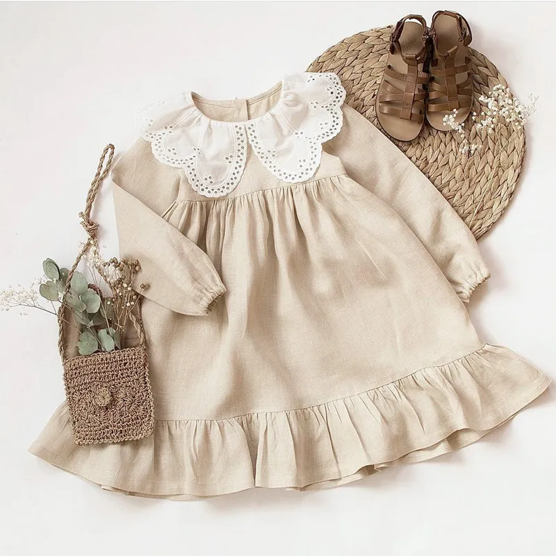 Kids Baby Girls Spring Autumn Casual Cute Solid Color Lace Peter Pan Collar Long Sleeve Dress