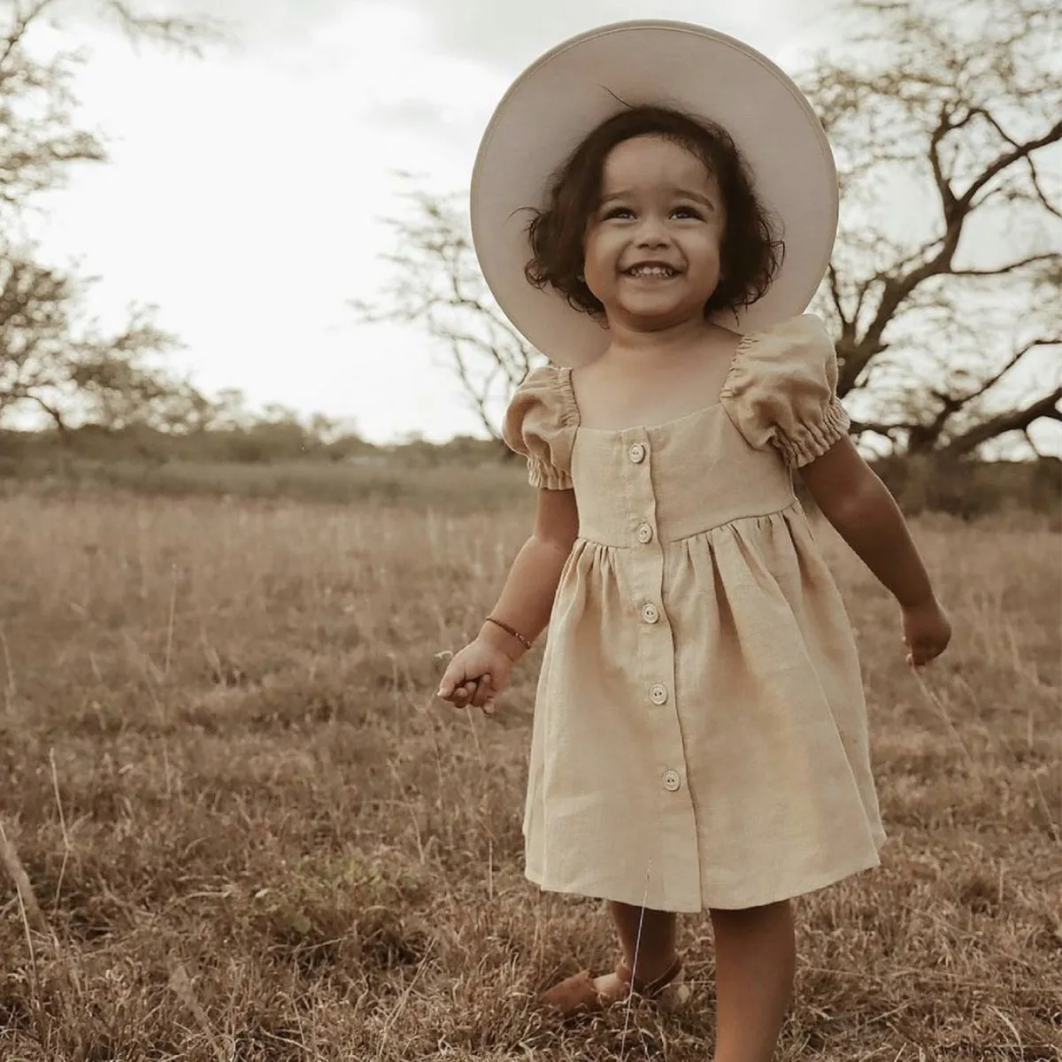 Kids Baby Girls Summer Casual Cute Pastoral Solid Color Puff Sleeve Square Neck Dress