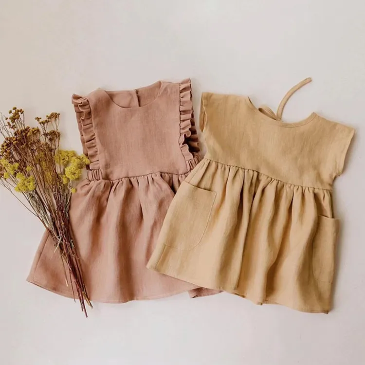 Kids Baby Girls Summer Casual Cute Pastoral Solid Color Sleeveless Dress with Hem