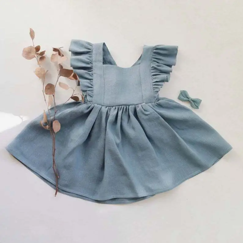 Kids Baby Girls Summer Casual Pastoral Solid Color Raglan Sleeve A-Line Strap Dress