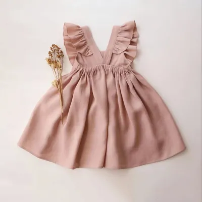 Kids Baby Girls Summer Pastoral Solid Color Linen Raglan Sleeve Dress with Opening Buckle