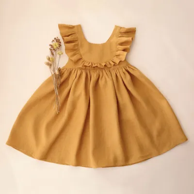 Kids Baby Girls Summer Pastoral Solid Color Linen Raglan Sleeve Dress with Opening Buckle