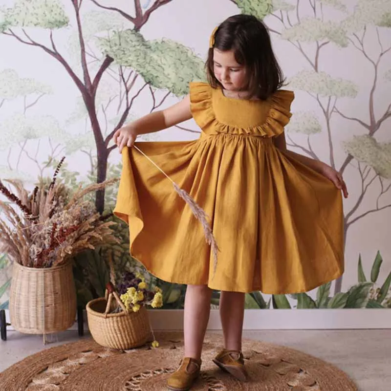 Kids Baby Girls Summer Pastoral Solid Color Linen Raglan Sleeve Dress with Opening Buckle