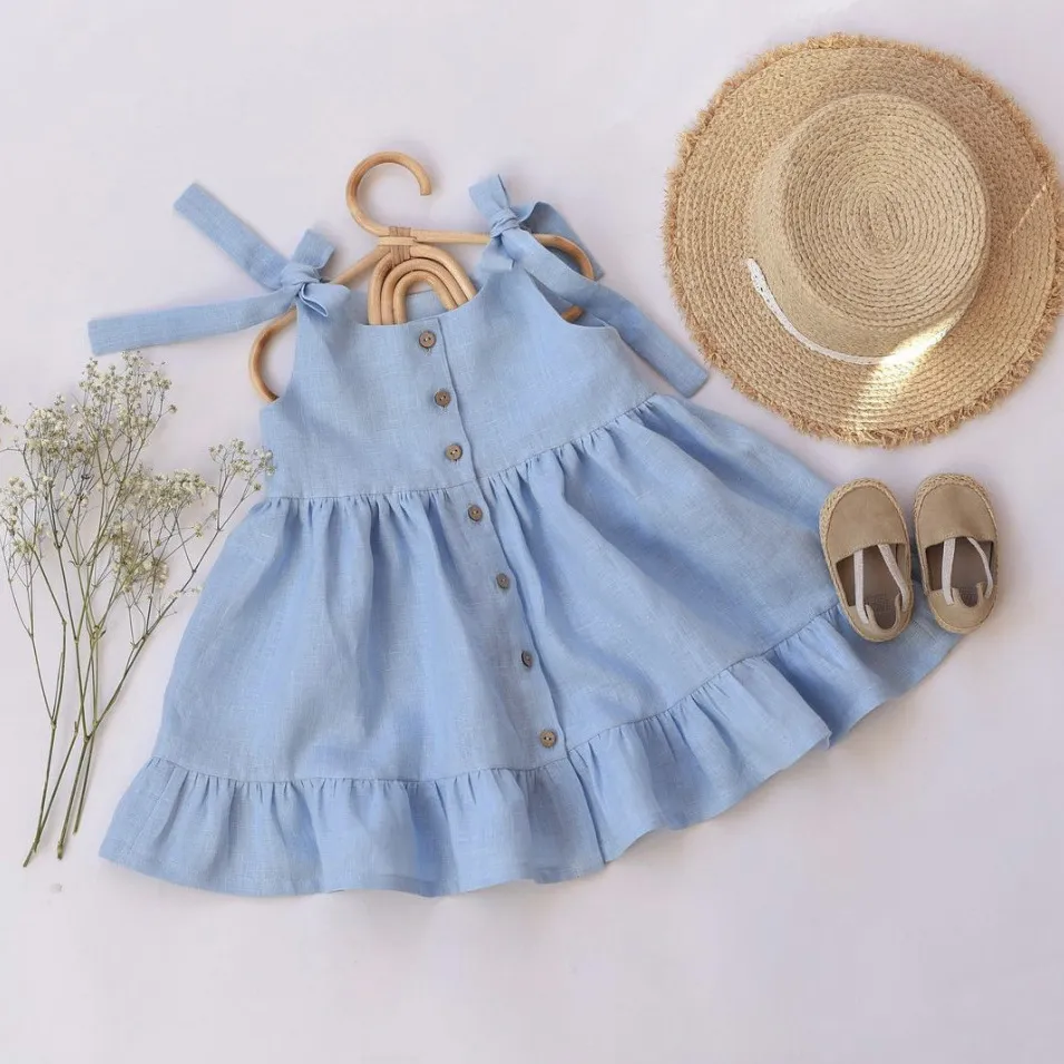 Kids Baby Girls Summer Casual Cute Pastoral Solid Color Strap Linen Dress with Opening Buckle
