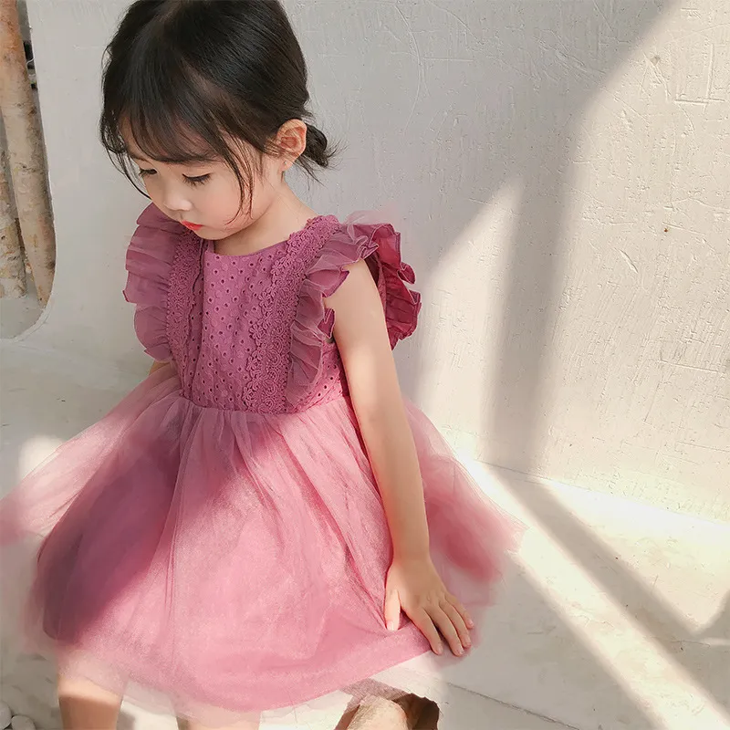 Kids Baby Girls Casual Cute Lace Hollow Raglan Sleeve Mesh Princess Dress 0-3T