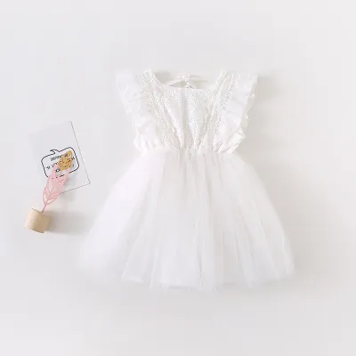 Kids Baby Girls Casual Cute Lace Hollow Raglan Sleeve Mesh Princess Dress 0-3T
