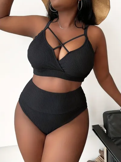 Summer Women Fashion Sexy Plus Size Solid Color Cross Hollow Sling High Waist Swimsuit Set