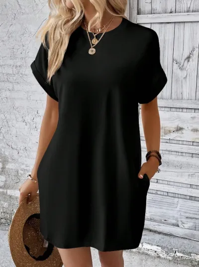Summer Women Casual Solid Color Round Neck Short Sleeve Loose Pocket Midi Dress
