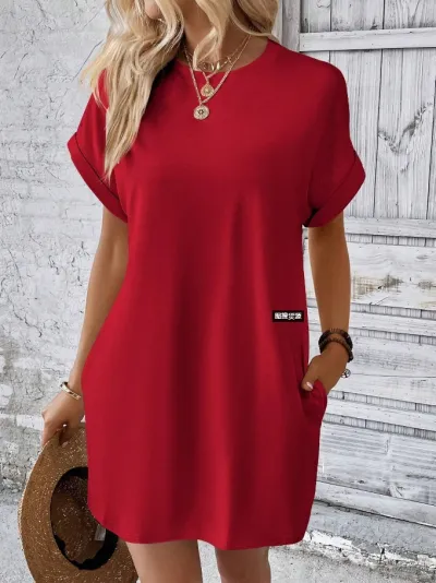 Summer Women Casual Solid Color Round Neck Short Sleeve Loose Pocket Midi Dress