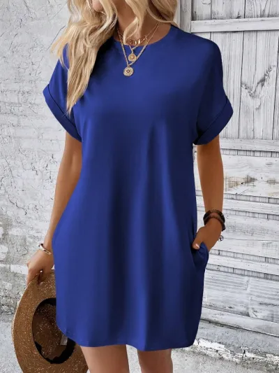Summer Women Casual Solid Color Round Neck Short Sleeve Loose Pocket Midi Dress