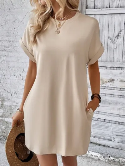 Summer Women Casual Solid Color Round Neck Short Sleeve Loose Pocket Midi Dress