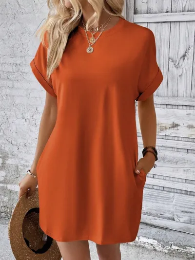 Summer Women Casual Solid Color Round Neck Short Sleeve Loose Pocket Midi Dress
