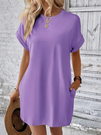 Summer Women Casual Solid Color Round Neck Short Sleeve Loose Pocket Midi Dress