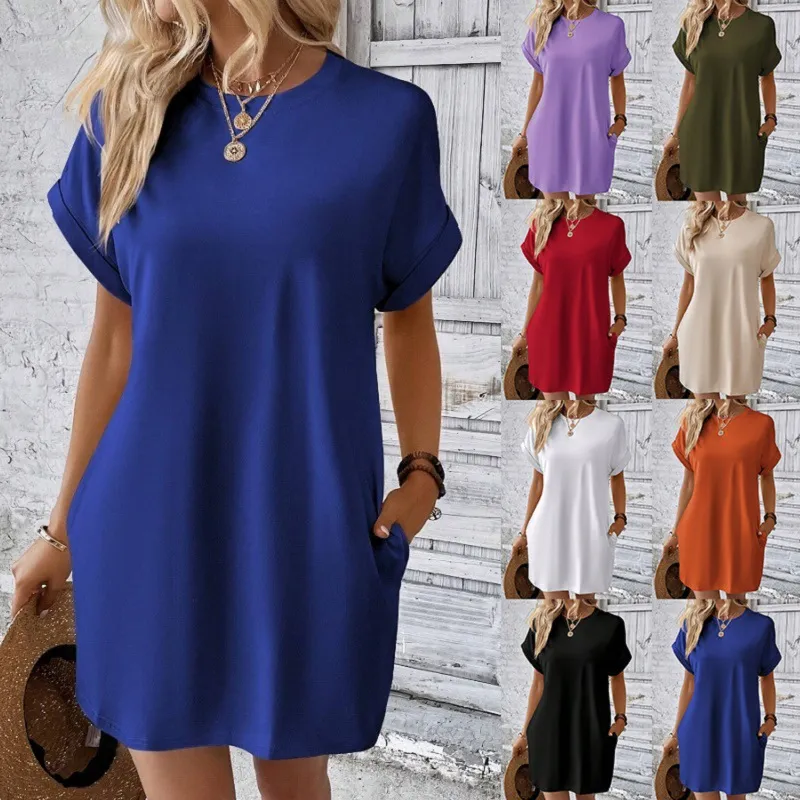 Summer Women Casual Solid Color Round Neck Short Sleeve Loose Pocket Midi Dress