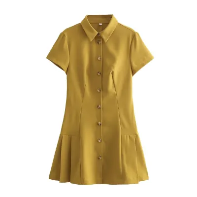 Summer Women Casual Solid Color Lapel Single-Breasted Short-Sleeved A-Line Dress