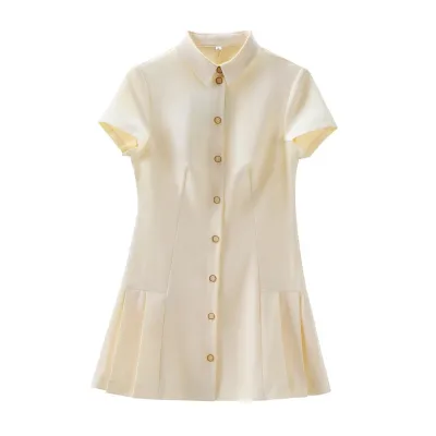 Summer Women Casual Solid Color Lapel Single-Breasted Short-Sleeved A-Line Dress