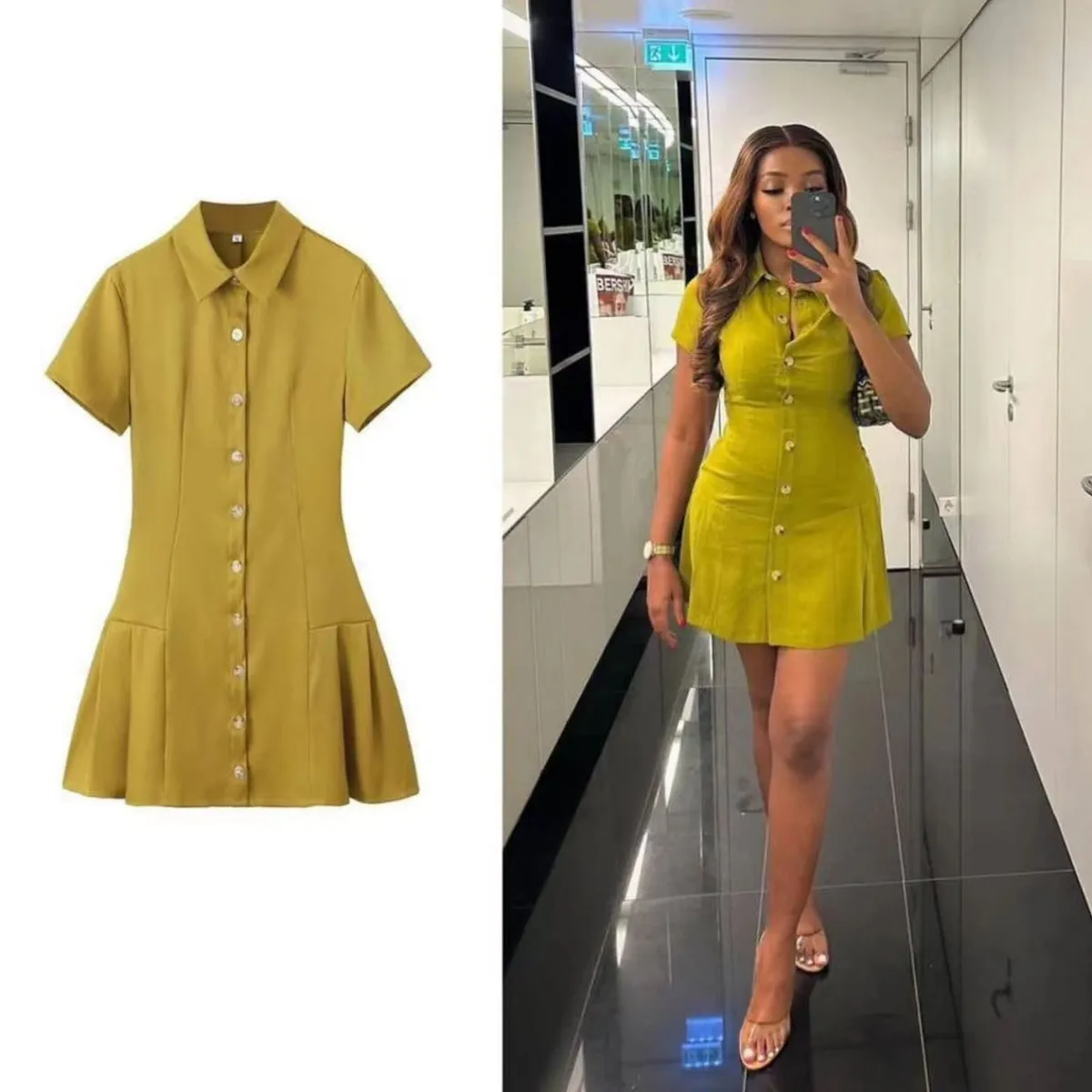 Summer Women Casual Solid Color Lapel Single-Breasted Short-Sleeved A-Line Dress