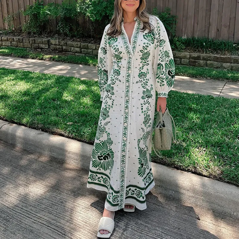 Summer Women Casual Graphic Printing Long Sleeve Maxi Dress
