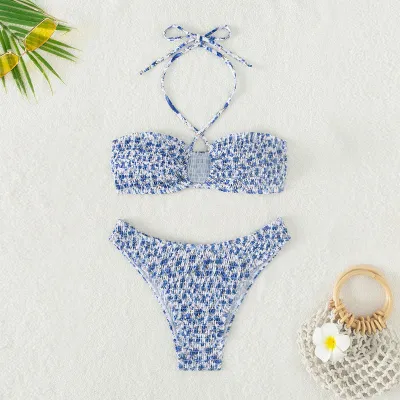 Summer Women Fashion Sexy Tiny Flower Print Cross Halter Neck Bikini Swimsuit Set