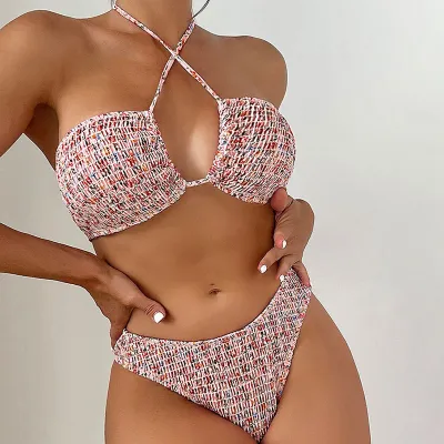 Summer Women Fashion Sexy Tiny Flower Print Cross Halter Neck Bikini Swimsuit Set