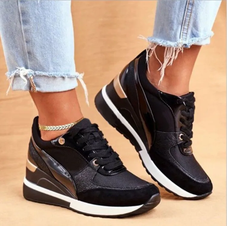 Women Fashion Plus Size Thick-Soled Lace-Up Wedge Heel Sneaker Color Block