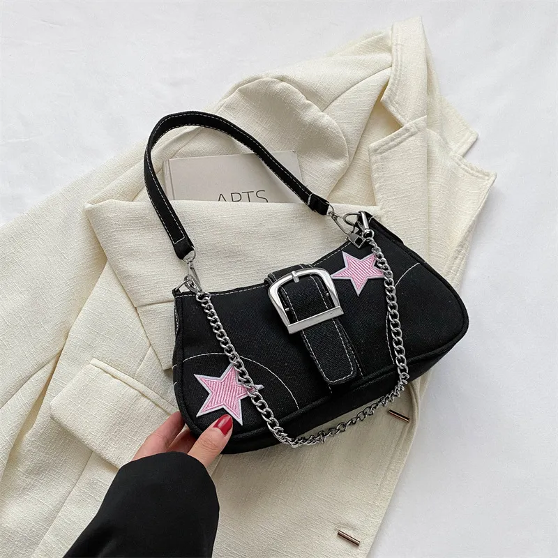 Women Fashion Casual Belt Buckle Decoration Star Canvas Shoulder Crossbody Bag