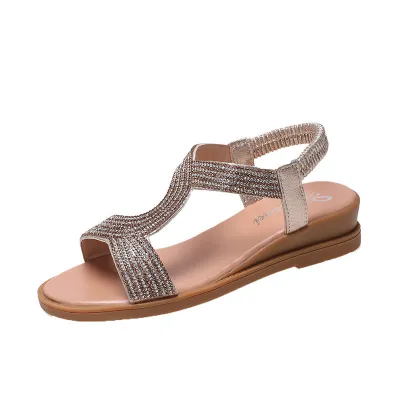 Women Casual Rhinestone Round Toe Wedge Heel Sandals