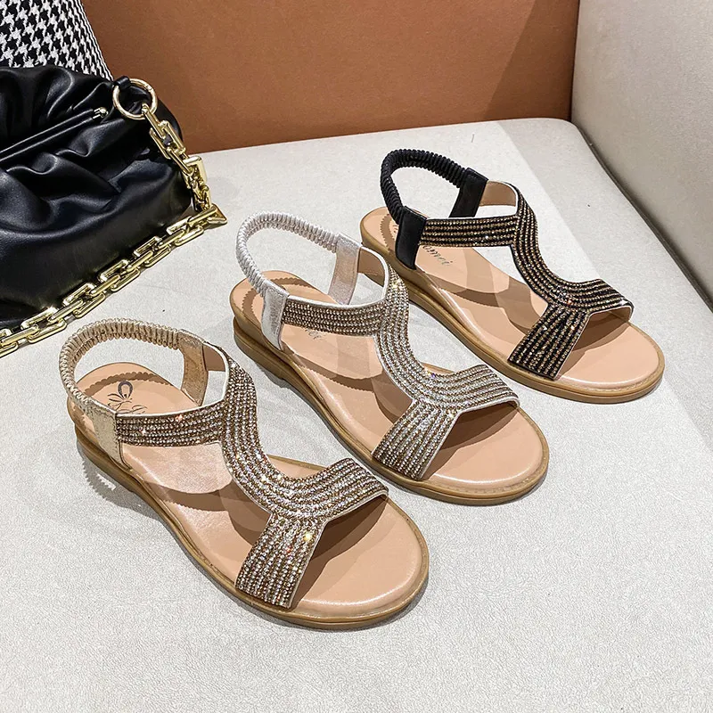 Women Casual Rhinestone Round Toe Wedge Heel Sandals