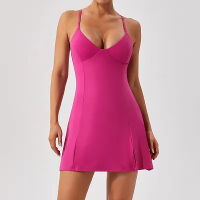 Athleisure Women's Solid Color Tennis Sports Dress - Lycra Material, Sleeveless, Tight Fit