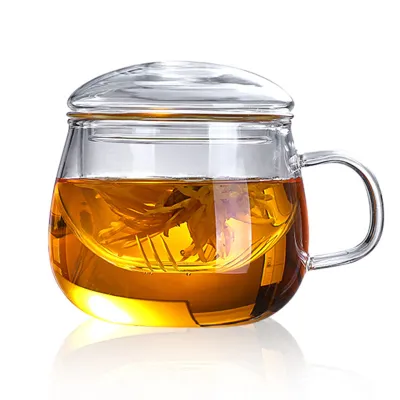 Thickened High Borosilicate Glass Tea Cup With Lid and Handle - Tea Water Separation, Office Simple Style, Three-Piece Set
