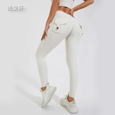 Women's Solid Color Pocket Sports Leggings with Nylon Fabric