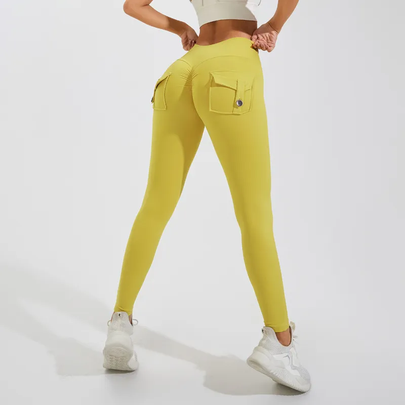 Women's Solid Color Pocket Sports Leggings with Nylon Fabric